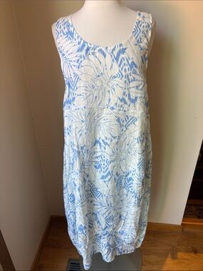 Sleeveless Blue & White Floral linen Maxi Dress